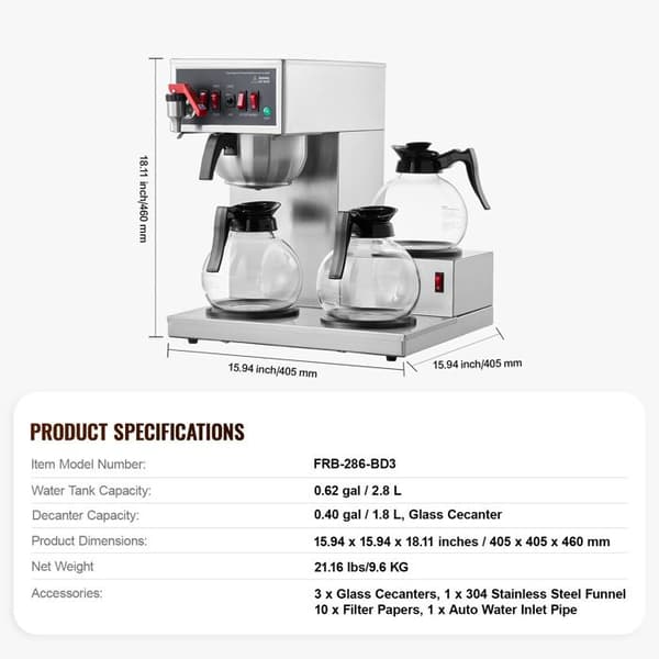 Filterkaffebryggare - DUOKU - FRB-286-BD3 - 12 Koppar - 3 Glasbilar - Rostfritt Stål Rostfritt stål