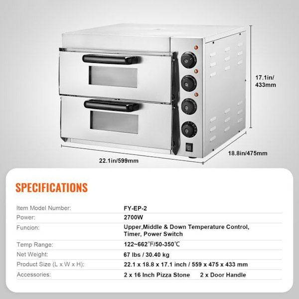 Pizzaovn - DUOKU - FY-EP-2 - 40,6 cm - Rustfrit Stål - Elektrisk