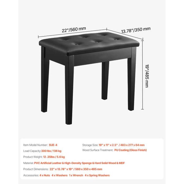 Piano Bænk 22" x 13,78" x 19" - Duoku - Klaver Stol - med Polstret Pude - Opbevaring til Noder