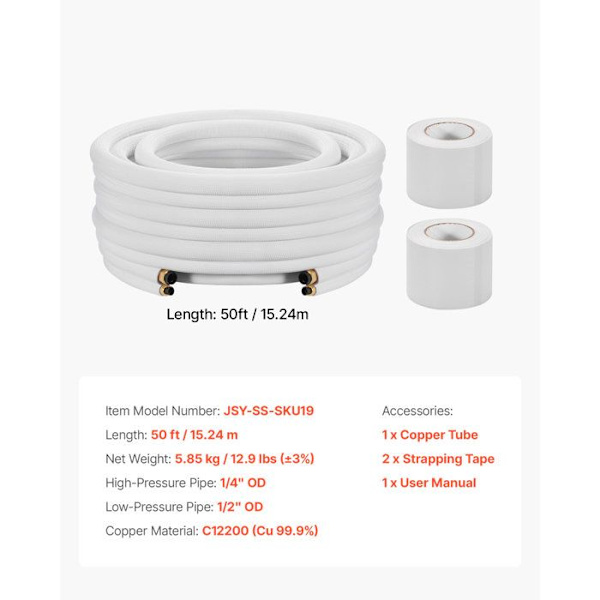 Kobberrør - DUOKU - Mini-split - Diameter 6,4 mm og 12,7 mm - Længde 15,2 m - Isolation PE