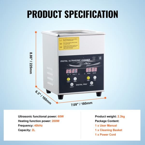 Ultralydrenser-Duoku-2 L-Digital Professionel Laboratorie Renser med Timer-Varme 100 W