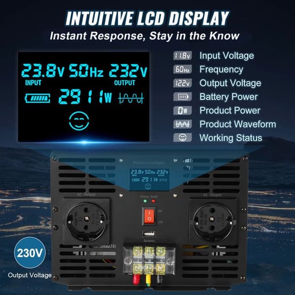 Bilsverter - DUOKU - TP-3000W - 3000 W - Sinusbølge Inverter - 4 EU Stik