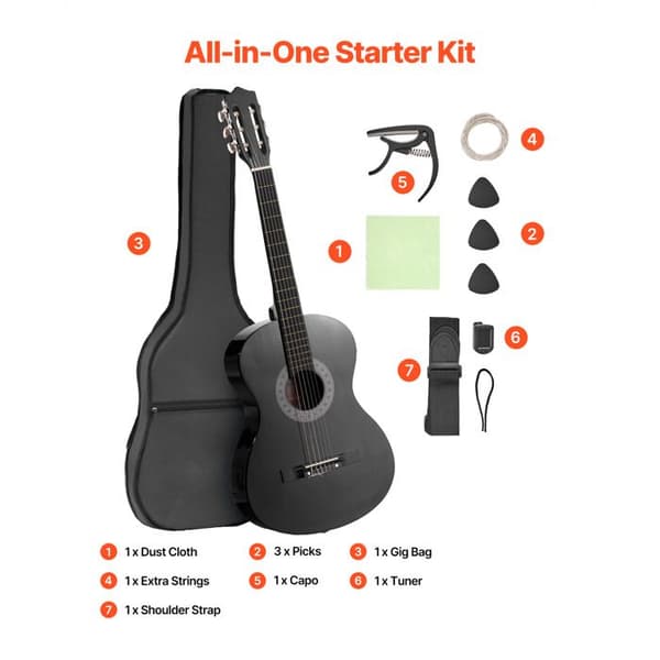 Klassisk Guitar - DUOKU - M5831 - 96 cm - Lindetræ - Nylonstrenge - Sort Svart