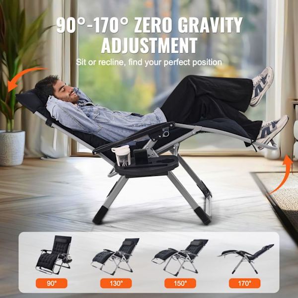 Zero Gravity Stol - DUOKU - 33 Tommer - Kapacitet 500 lb - Justerbar - Sort Svart