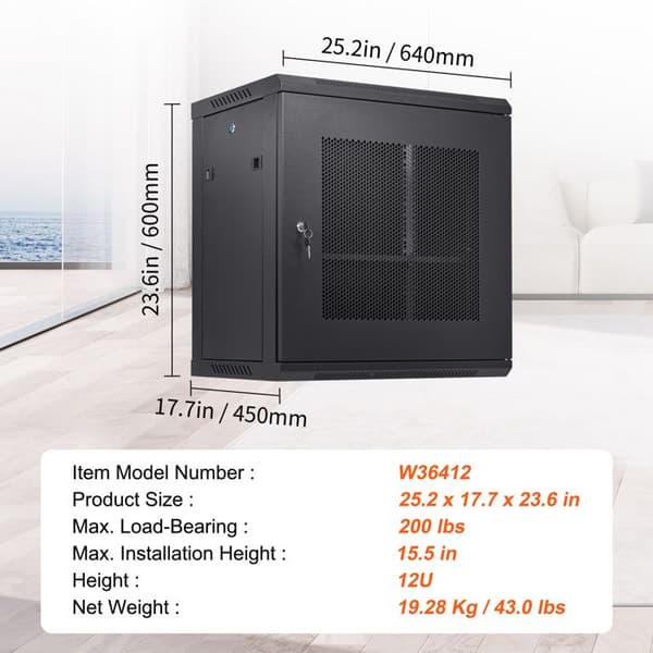 Väggskåp 12U - DUOKU - W36412 - Djup 15,5'' - Vägglast 100 lbs - Rack 19''