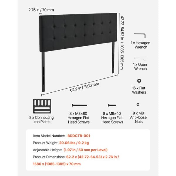 Hovedgærde - DUOKU - Queen Size - Højdejusterbar - Polstret - Moderne