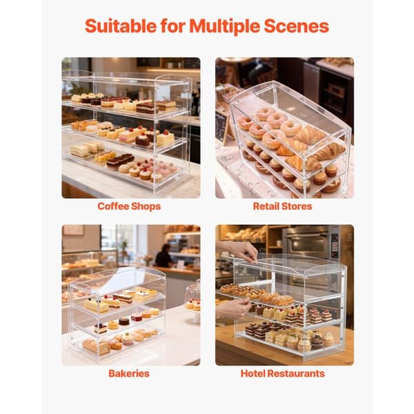 Vitrine Bageri-Diske-Duoku-48,2x23,2x38 cm-3 Niveauer-Display til Bagværk i Transparent Akryl