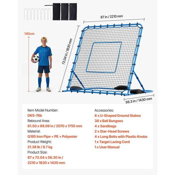 Fodbold Rebound Net -Duoku-221x183 cm-Rebounder med Justerbar Vinkel-Durable Jernstruktur og PE Net