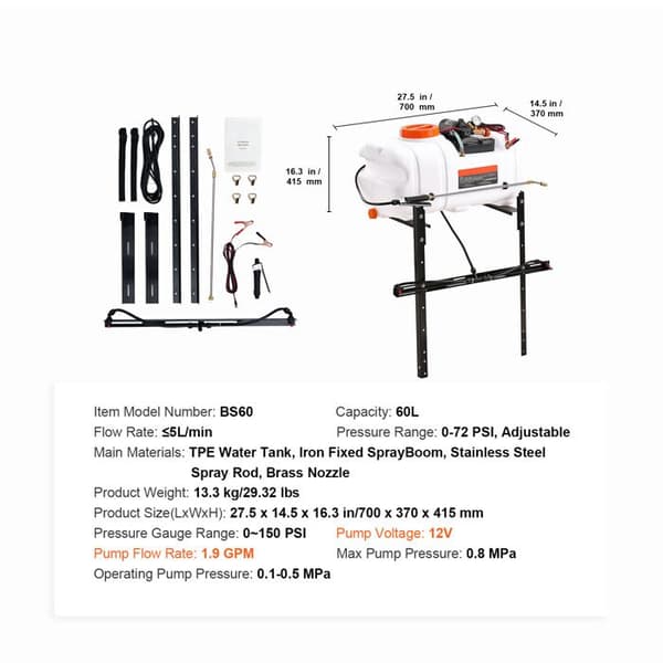 Spot Sprayer - DUOKU - 15,9 Gal/60 L - 12 V Pump - Flöde 1,9 GPM - Tryck 0-72 PSI