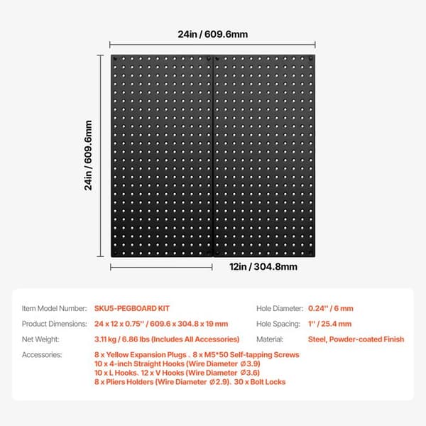 Perforerade Metallpaneler - DUOKU - Svart - 24" x 12" - 2 Paneler - Robust Väggorganisatör Svart