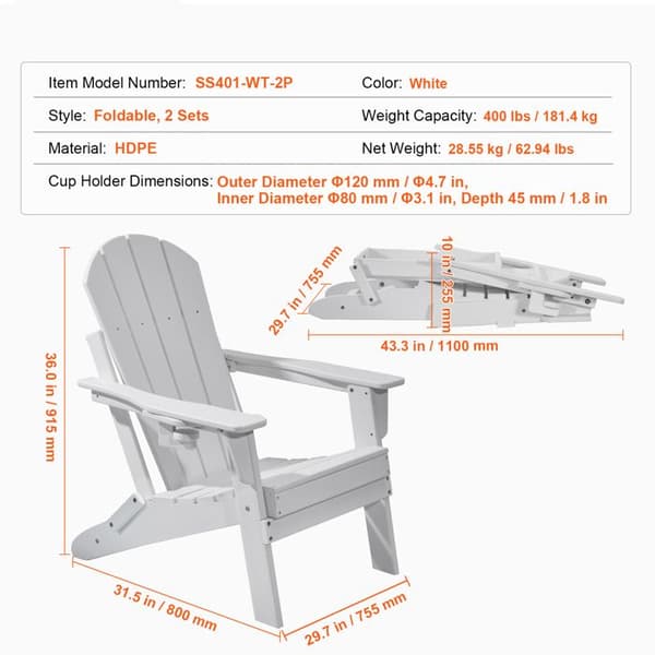 Adirondack Stol - DUOKU - Sæt af 2 - Foldbar - Med kopholder - Hvid Vit