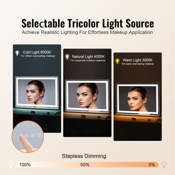 Stort sminkspegel - DUOKU - CQ8055LY - LED-belysning 3 färger - Förstoring 5x - Bluetooth & USB