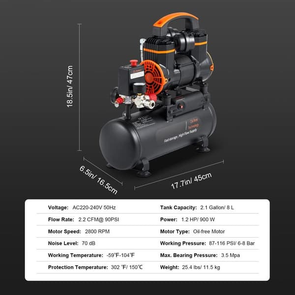 Luftkompressor - DUOKU - 2,1 Gallons - Oljefri tank - 900 W - 70 dB