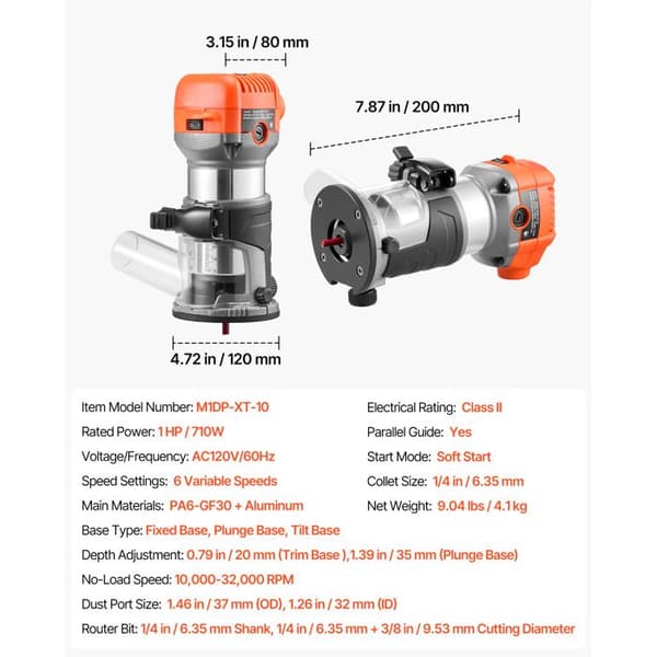 Affleureuse Compacte 710 W-Duoku-med 6 Justerbara Hastigheter för Träarbete, Ytbehandling, Mjuk Start, Fast Bas