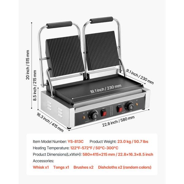 Grill panini elektrisk - DUOKU - YS-813C-EU - 3600 W - Yta 48,5x23 cm - Emaljerade plattor