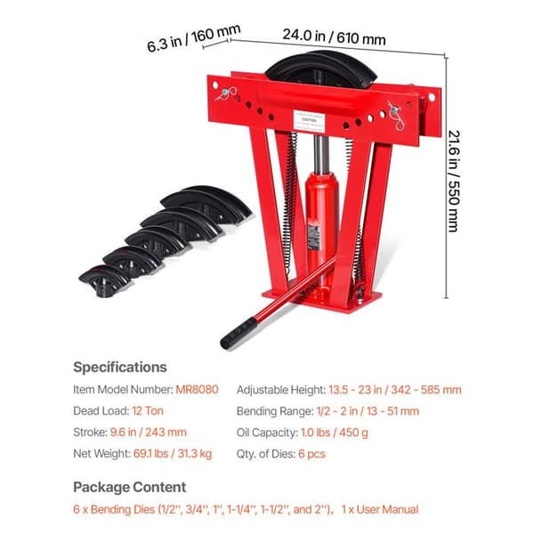 Hydraulisk rörböjare-Duoku-12 ton-Manuell, kopparavgassystemböjare, 6 matriser (1/2" - 2"), Robust