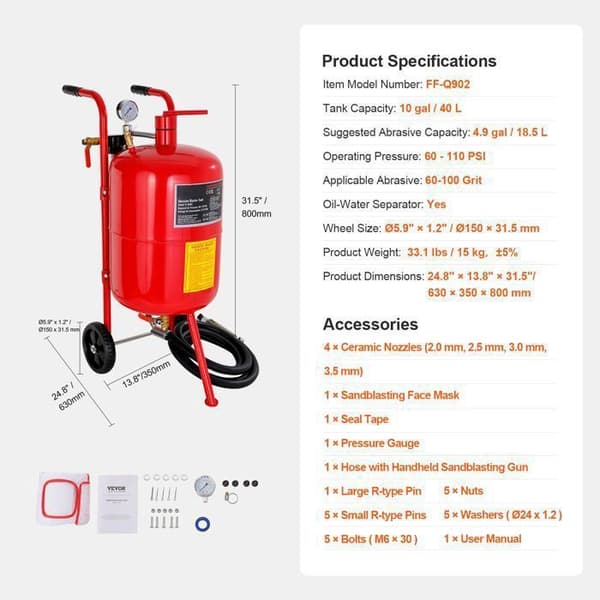 Sandbläster Utrustad med Stoppventil-Duoku-40L, Manometer, Keramisk Munstycke, 2,5 m Slang