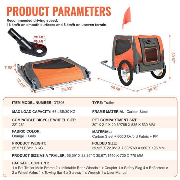 Hundetrailer - DUOKU - Model DT806 - Kapacitet 30 kg - Sammenfoldelig - Farve Orange/Grå orange + grå