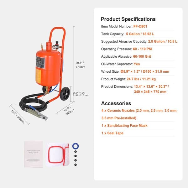 Sableuse-Duoku-18,92 L-60-110 PSI-Högtryck-Portabel-4 Keramikmunstycken