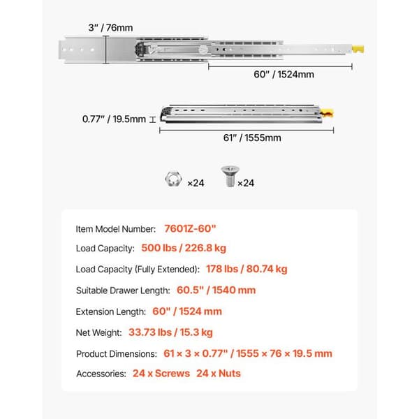 Utdragbart Lådskydd med Full Utsträckning-Duoku-1524 mm-med Lås-1 Par-Maximal Belastning 226,8 kg