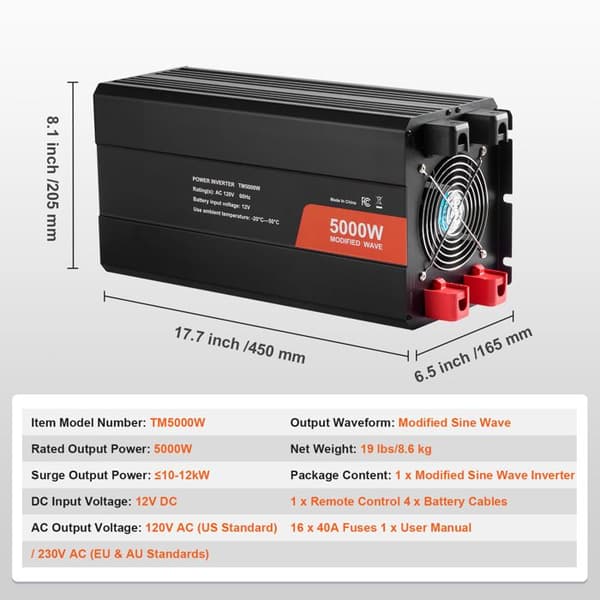 Omformer - DUOKU - TM5000W - 5000 W - 2 AC stik - 2 USB - LCD skærm