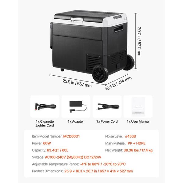 Bärbar elektrisk kylbox - DUOKU - MCD60D1 - 60 L - AC 100-240V / DC 12/24V - -20°C till 20°C