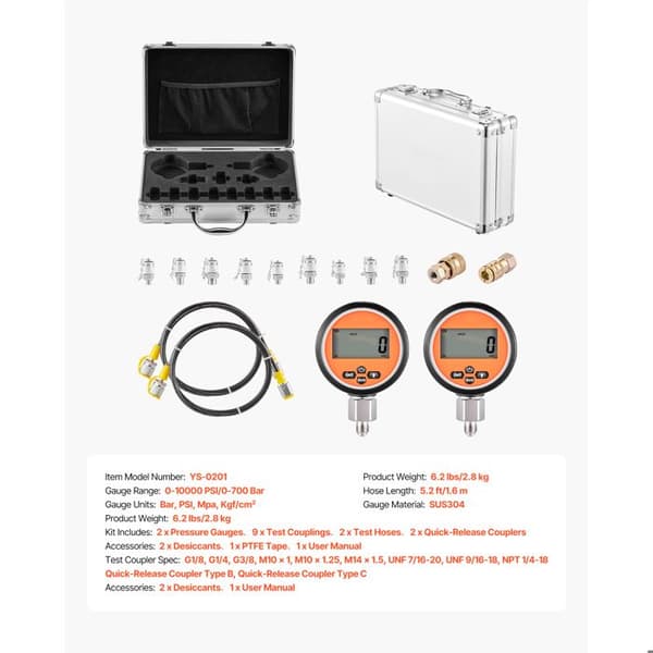 Hydraulisk Tryktest Kit-Duoku-Inkluderer 2 Digitale Manometre 0-10000 PSI 0-700 Bar-2 Hurtigkoblinger-2 Slanger