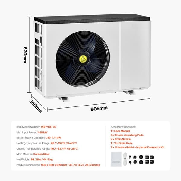 Elektrisk Varmpumpe - DUOKU - VBPYCE-70 - 1,48 til 7,11 kW - Energisparende - Stille Vit