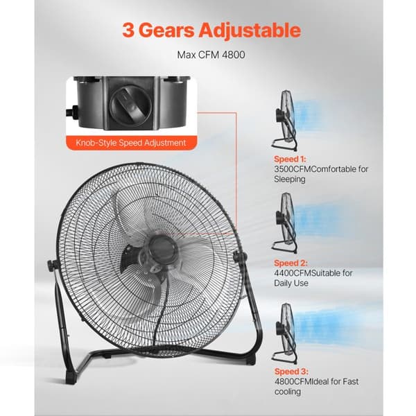 Gulvventilator - DUOKU - 20 Tommer - 3 Hastigheder - Lufthastighed 4800 ft³/min - 360° Tilt