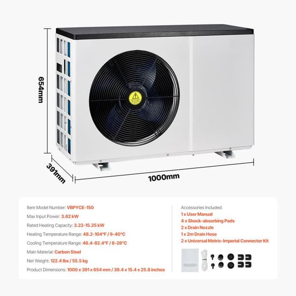 Varmeveksler - DUOKU - VBPYCE-150 - 3,22-15,25 kW - Variabel Frekvens - Til Swimmingpools 30-60 m³