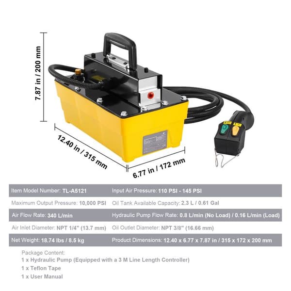 Luftdriven hydraulisk pump - DUOKU - TL-A5121 - 10 000 PSI (689 bar) - Tank 2,3 L - Flöde 0,8 L/min
