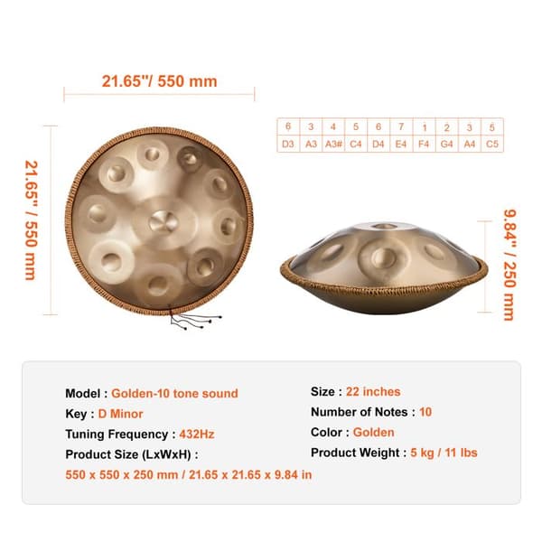 Håndtrommel - DUOKU - 22 Tommer - 10 Noter - D-Mol - 432 Hz - Guld