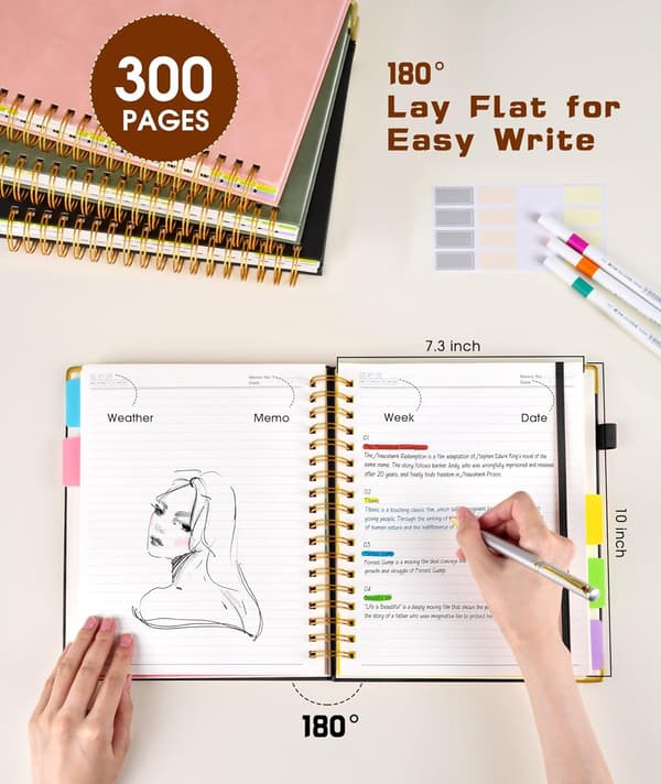 Hardcover Spiral Notebook with Movable Tabs, 300 Pages Leather 5-Subject Notebook Lined, 20x25 cm Large B5 Notebook