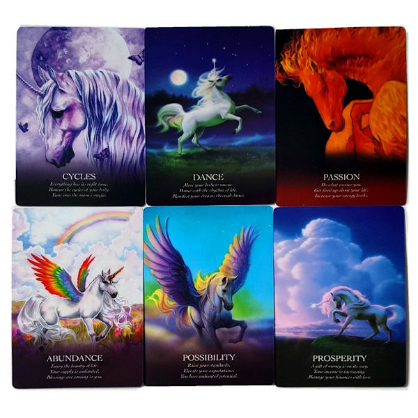Kort, mystisk förmögenhet, tarotspel, spådom, enhörning.