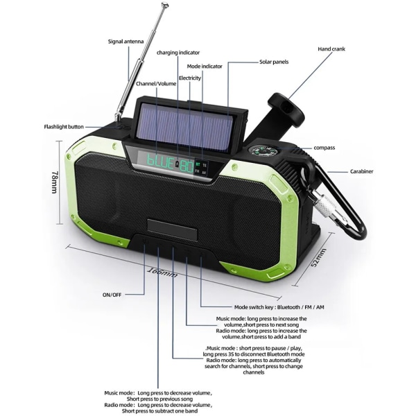 AM/FM nödradio solar handvev radio med LED-ficklampa 5000mAh power mobiltelefon laddare Bluetooth 5.0 högtalare Green