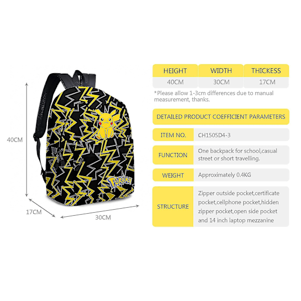 Pokémon Ryggsäck Skolväska Skolpresent Anime Mönster Ryggsäck Pikachu Tredelat Set