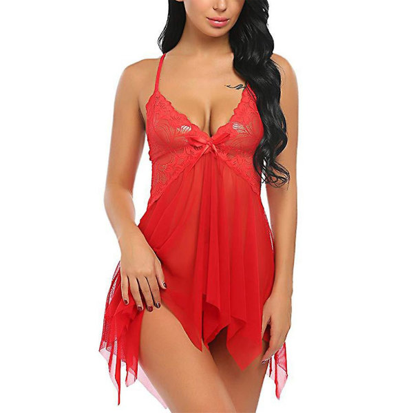 Dam Sexig Babydoll V-ringad Split Nattlinne Se Through Nightwear Nattkläder Red L