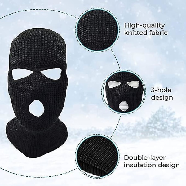 3-håls Skidmask Stickad Ansiktstäckning Stickad Helmask Vuxenmask Stretch Andningsbar Termisk Skidmask För Cykling Vandring Utomhussporter Black