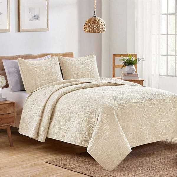 Lysegrått Sengeteppe med Dobbelt Ringmønster white 240x260cm