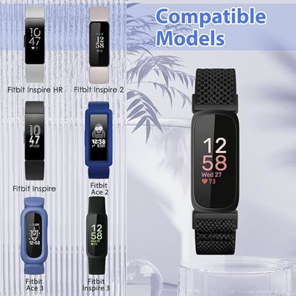 2 stk elastiske nylonstropper kompatibel med Fitbit Inspire 3/Inspire 2/ Inspire/Inspire HR/Inspire Ace 2/ Inspire Ace 3