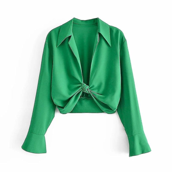 Sommar Dam Vintage Elegant grön skjorta kvinnlig V-hals Streetwears Blusar Casual Tie