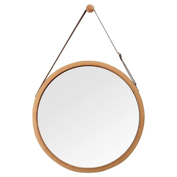 Ny rund vägghängande spegel i badrum, sovrum, solid bambu ram, justerbar läderrem | bad spegel