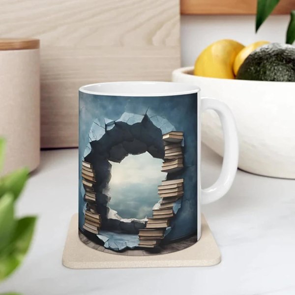3D Bogreol Krus - Kreativt Rumdesign til Bogelskere - Multifunktionelt Keramisk Krus (11oz, Farve: A)