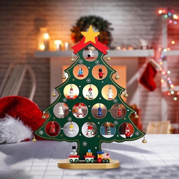 Träbordsskiva julgran med 15 miniatyrprydnad Återanvändbara löstagbara grannlåt för barn Presenter Noel Heminredning White