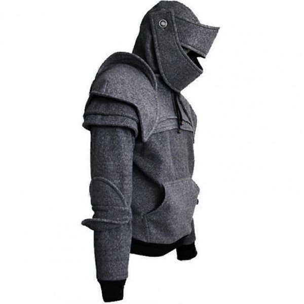 Herre Genser Ensfarget Frontlomme Pullover Hettegenser Middelalderstil Ansiktsdeksel Hette Ridder Genser Halloween Klær Grey XL