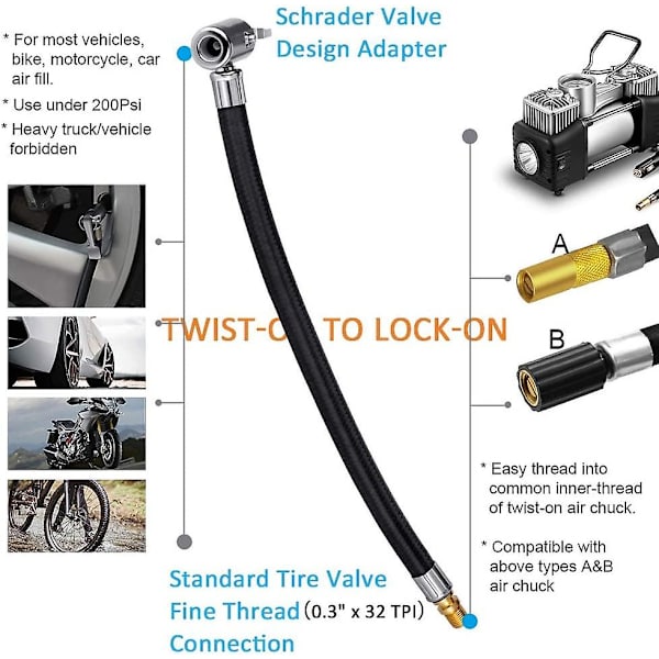 2 st Inflator Pumpslangadapter med låsande luftdäckchuck, flätad flexibel däck bärbar ventilklämma för motorcykel bil cykelrörluft