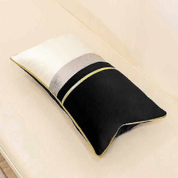 Marinblå Vit Guld Läder Randig Patchwork Sammet Kuddfodral ... Black