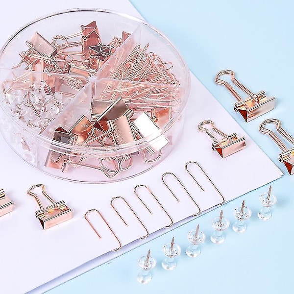 72 st Pappersklämmor och Gem Thumbtacks Set och Hållare Halkfria Kortnålar Thumbtacks Klämmor Kit med Behållare Rose Gold