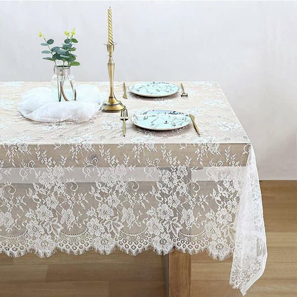 {YM}Rektangulär vit spetsduk, rustikt broderat matbord, retro rottingblomdekoration, bröllopsduk