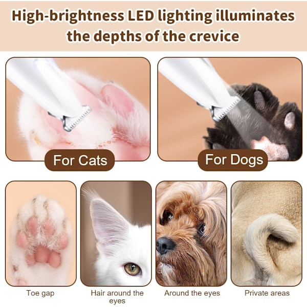 Hundklippare för hundtassar, tyst tasstrimmer med LED-lampa, vattentät tassrakare, tasstrimmer för hundar, katter, tassar, ögon, ansikte, kropp